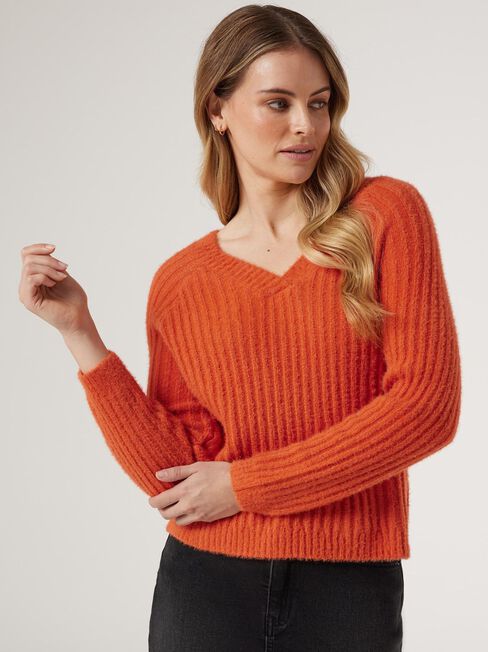 Faye Fluffy V-Neck Knit, Orange, hi-res
