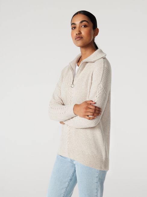 Emily Zip Front Pullover, Bone, hi-res