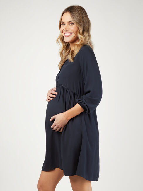 Amity Half Button Maternity Dress, Blue, hi-res
