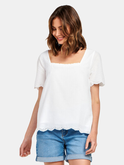 Sara Square Neck Textured Top, White, hi-res
