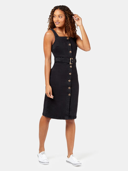 Simone Button Through Denim Dress, Black, hi-res