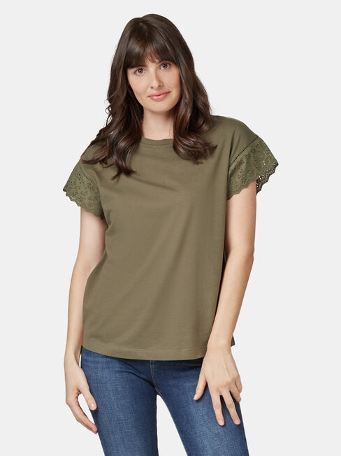 Beth Broderie Trim Tee, Green, hi-res