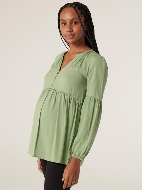 Ella Button Closure Long Sleeve Maternity Blouse, Sage, hi-res