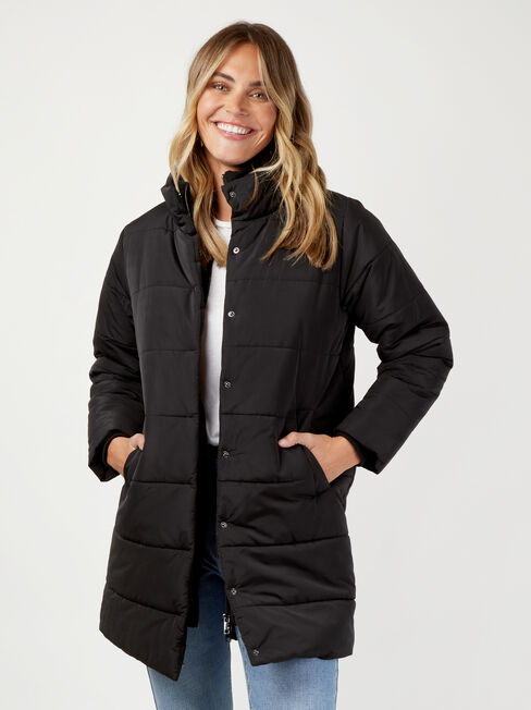 Ira Double Zip Longline Padded Jacket, Black, hi-res