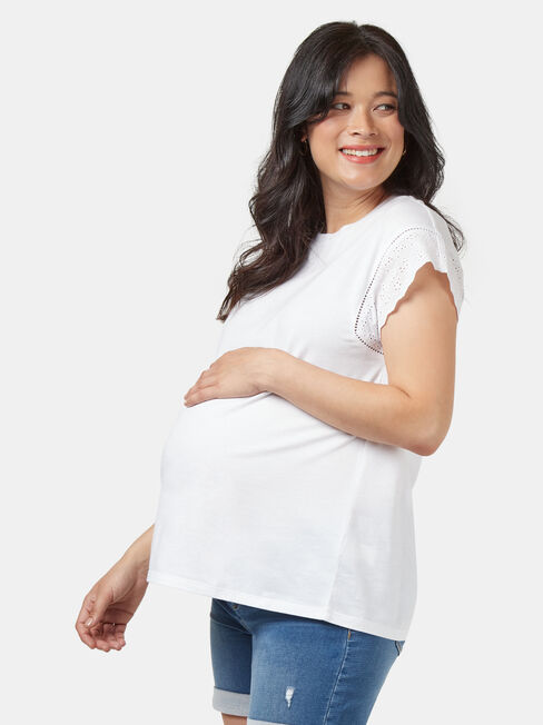 Elle Broderie Maternity Tee, White, hi-res