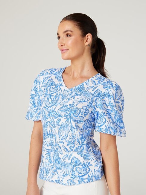 Carla Puff Sleeve Top, Blue Botanical, hi-res