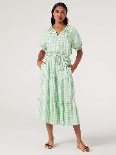 Grace Tiered Midi Dress, Green Gingham, hi-res