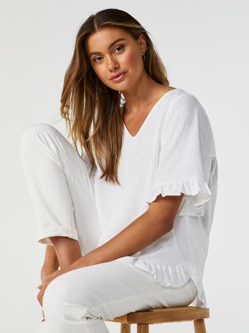 Ivy V-Neck Ruffle Top, White, hi-res