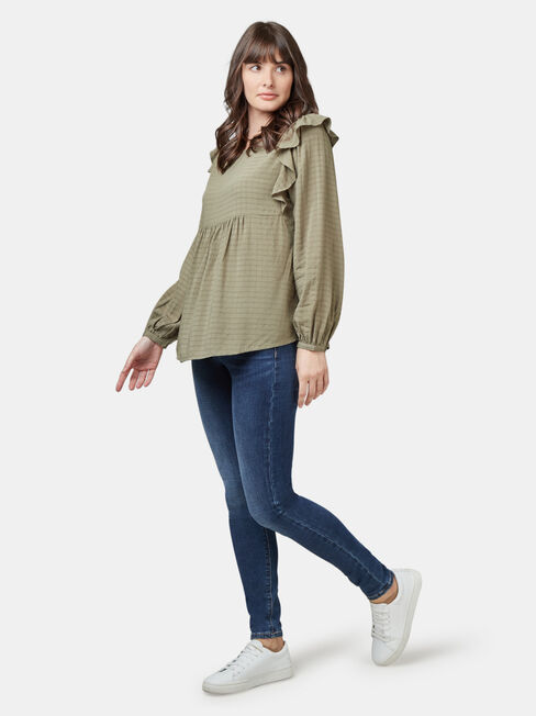 Liza Check Frill Top, Green, hi-res