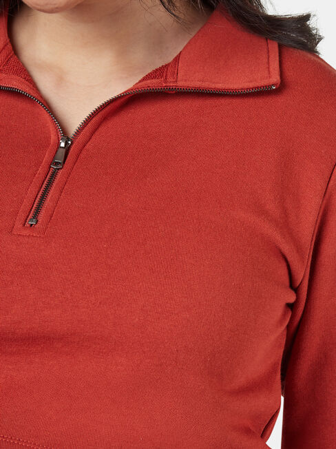Pearl Zip Front Concave Sweat, Red, hi-res