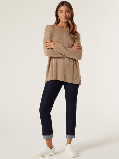 Kassie Crew Neck Boxy Knit, Camel Marle, hi-res