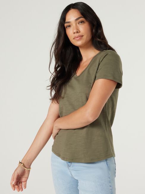 Essential V-Neck Tee, Khaki, hi-res