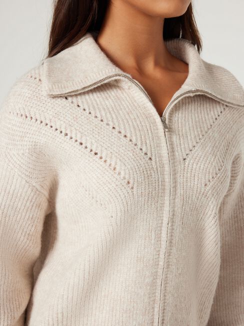 Fran Double Zip Cardigan, Oatmeal, hi-res
