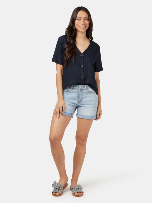 Carrie Button Front Linen Tee, Blue, hi-res