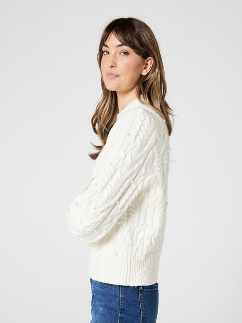 Suzie Pearl Cable Pullover Knit, Pearl White, hi-res