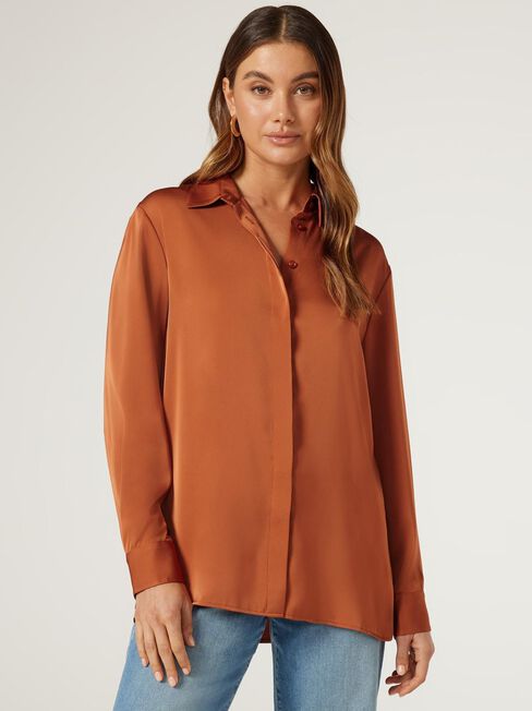 Camilla Satin Shirt, Orange, hi-res