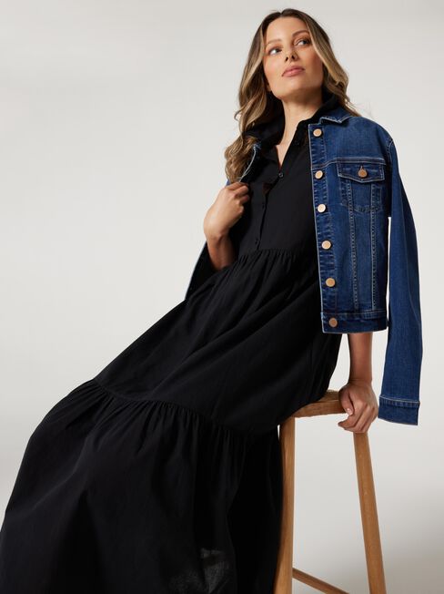 Hollywood Tiered Maxi Shirt Dress, Black, hi-res