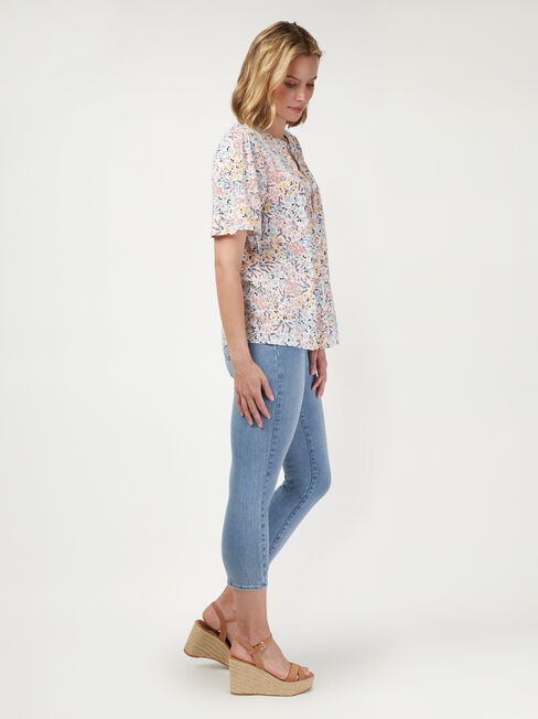Tara Short Sleeve Peasant Blouse, Floral, hi-res