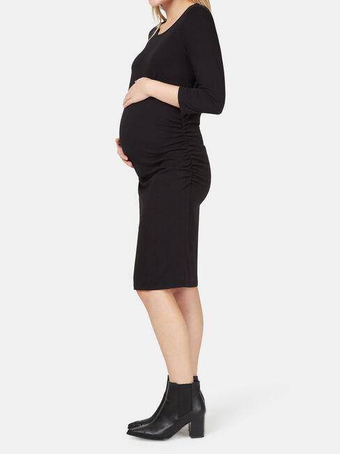 Michaela Gathered Maternity Dress, Black, hi-res