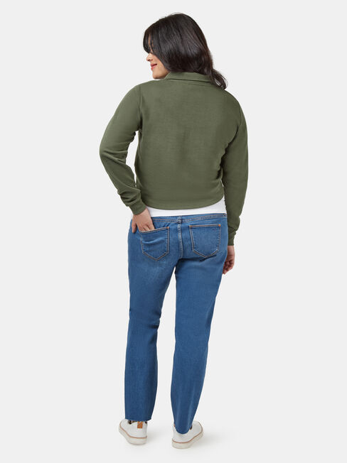 Pearl Zip Front Concave Sweat, Green, hi-res