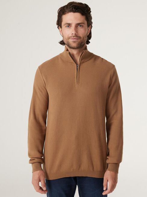 Elliot Funnel Zip Neck  Knit, Caramel, hi-res