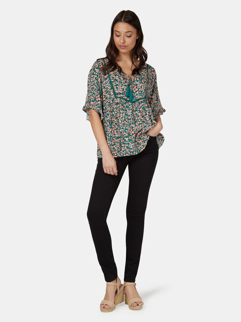 Tia Short Sleeve Peasant Top, Green, hi-res