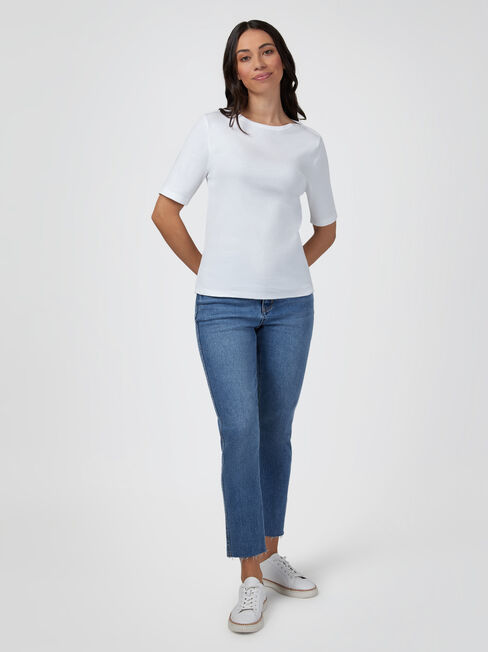 Rib Elbow Sleeve Boatneck Tee, White, hi-res