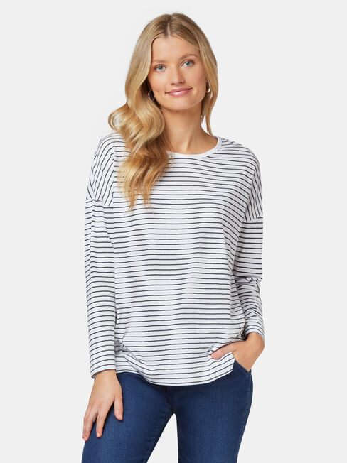 3/4 Sleeve Drop Shoulder Tee, Blue Stripe, hi-res