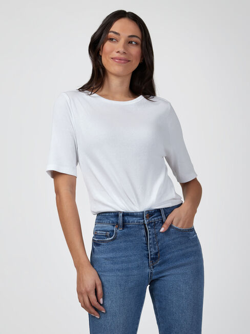 Rib Elbow Sleeve Boatneck Tee, White, hi-res