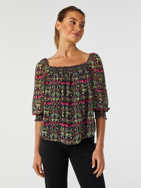 Steph Square Neck Shirred Blouse, Brown, hi-res