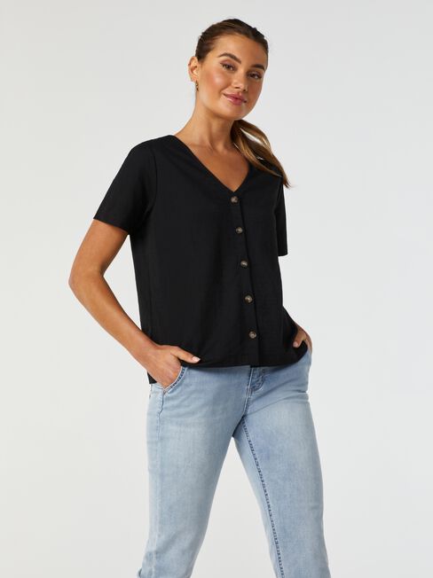 Ariel Button Front Top, Black, hi-res