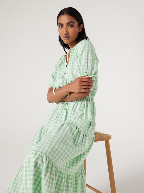 Grace Tiered Midi Dress, Green Gingham, hi-res