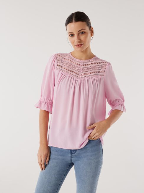 Kylie Lace Detail Top, Peony, hi-res