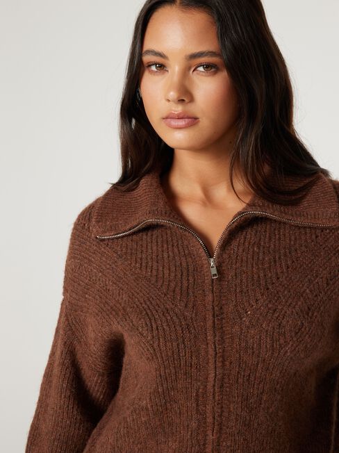 Fran Double Zip Cardigan, Brown, hi-res