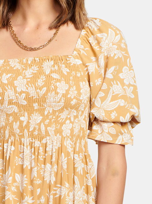 Shell Shirred Bust Dress, Yellow, hi-res