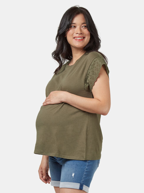 Elle Broderie Maternity Tee, Green, hi-res