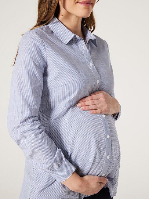 Harper Peplum Maternity Shirt, White & Navy Stripe, hi-res