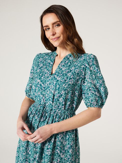 Inessa Flowy Dress, Green Blossom, hi-res