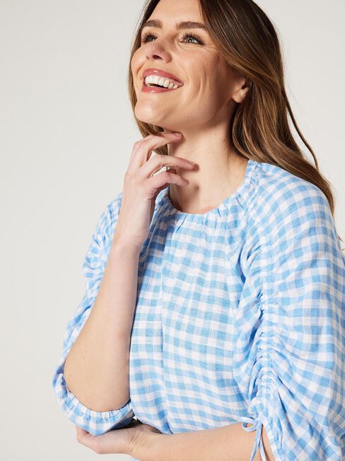 Delanie Ruched Top, Blue Gingham, hi-res