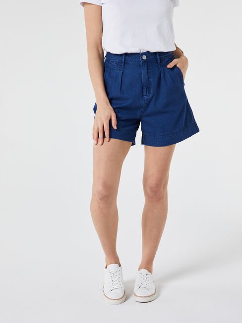 Yasmin Pleat Denim Short, Mid Indigo, hi-res