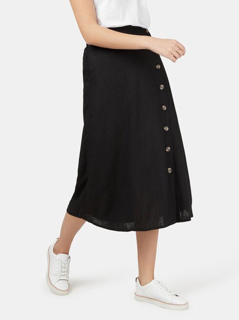 Daisy Button Front Skirt, Black, hi-res