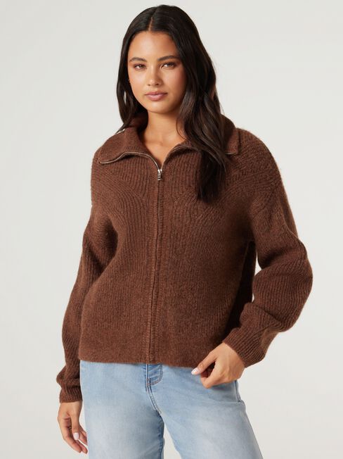 Fran Double Zip Cardigan, Brown, hi-res