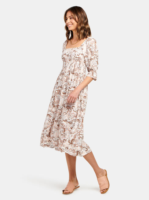 Shell Shirred Bust Dress, Print, hi-res