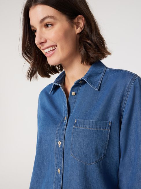 Mia Essential Denim Shirt, Mid Vintage, hi-res