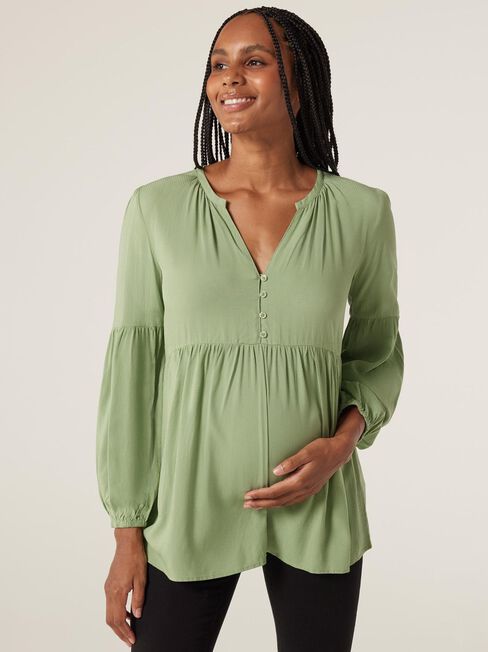 Ella Button Closure Long Sleeve Maternity Blouse, Sage, hi-res