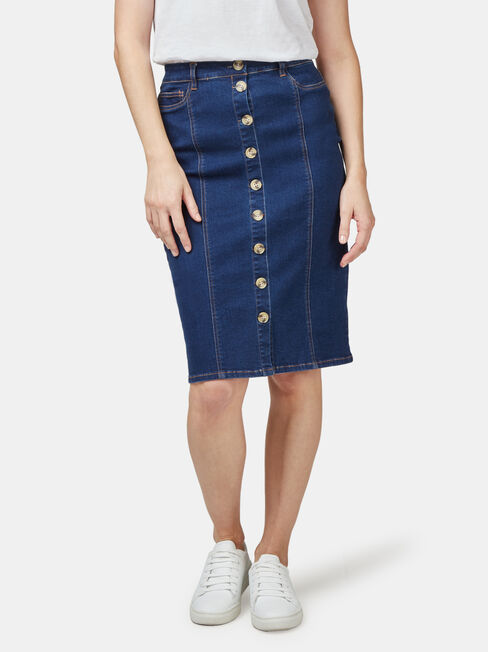 Denim Button Thru Skirt, Blue, hi-res