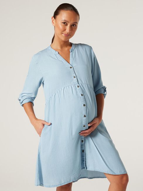 Tencel Half Button Maternity Dress, Chambray, hi-res