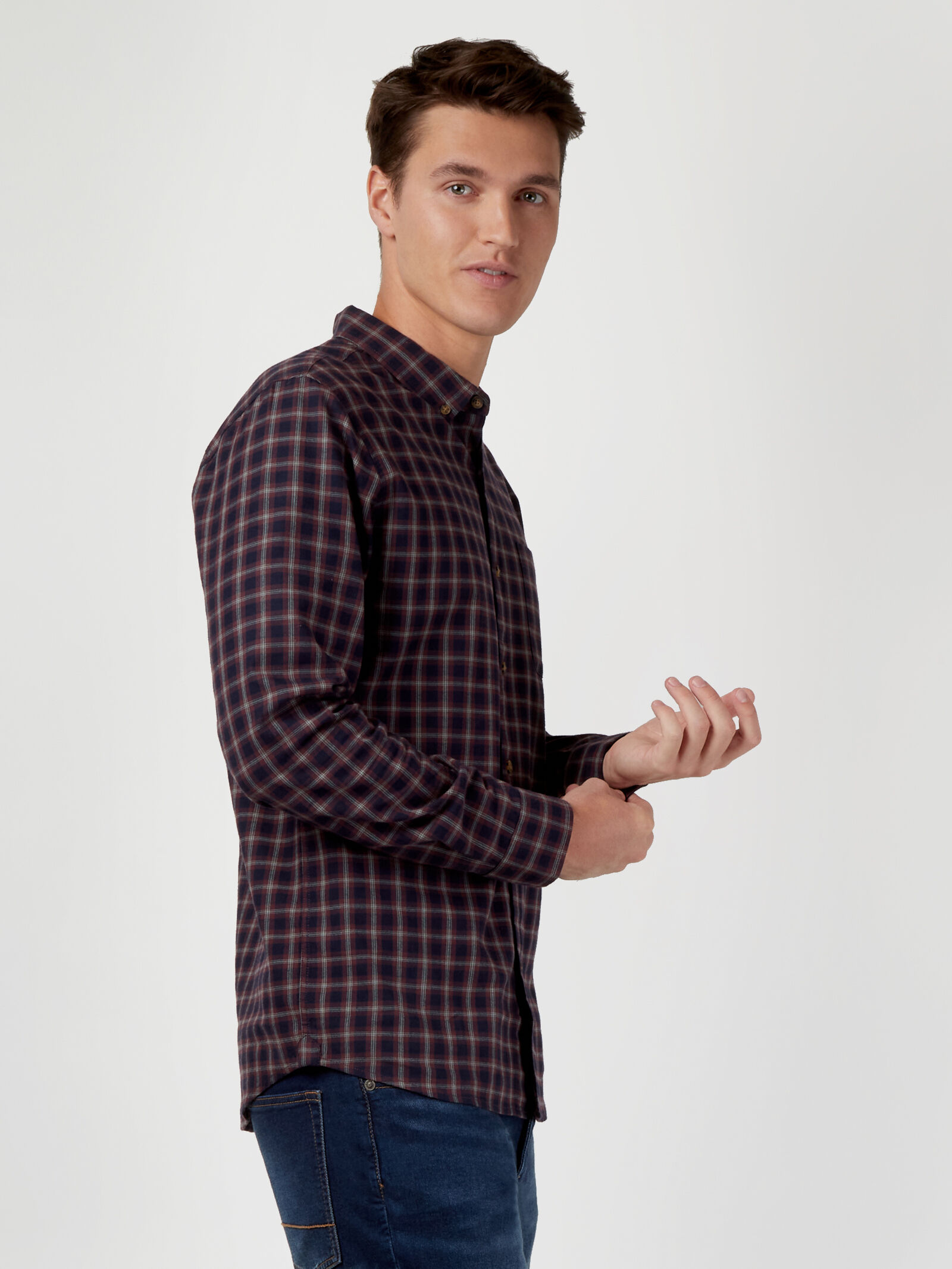Blue check shirt online and black jeans