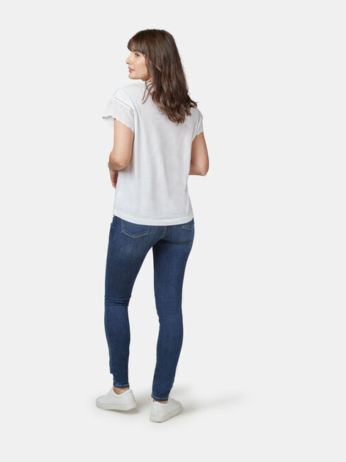 Beth Broderie Trim Tee, White, hi-res