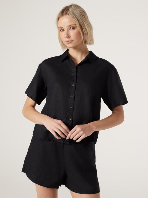 J-Luxe Classic Linen Relaxed Shirt, Black, hi-res